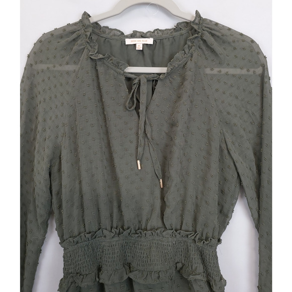 Skies Are Blue Short Dress Tired Ruffled Peasant Sleeve Smocked Women XS Olive‎ - Picture 9 of 12